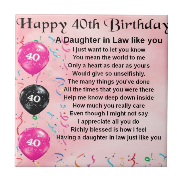 Daughter in Law Poem  -  40th Birthday Tile (Front)