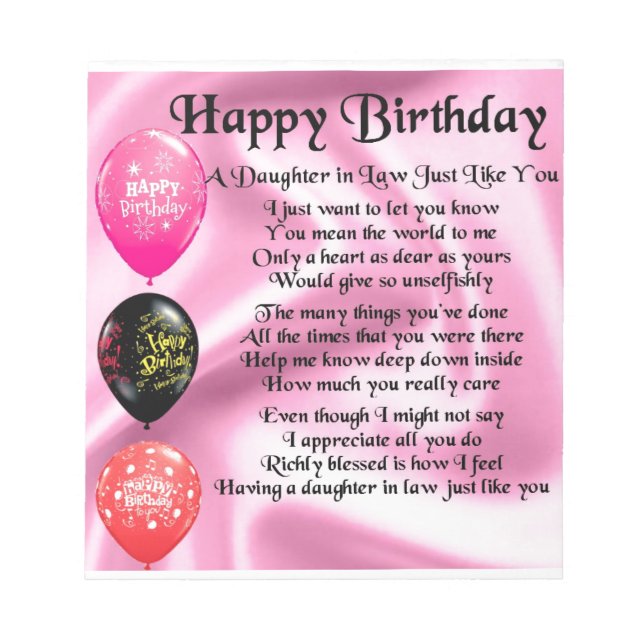 Daughter in Law Poem -  Happy Birthday Notepad (Front)