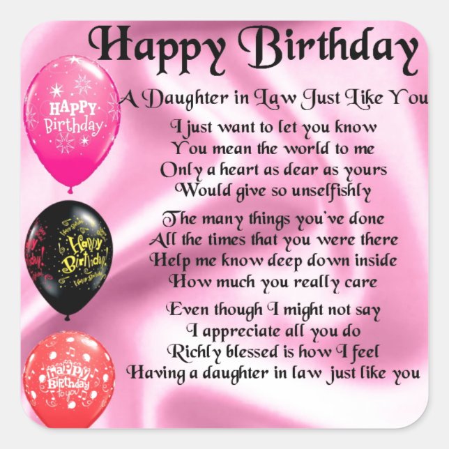 Daughter in Law Poem -  Happy Birthday Square Sticker (Front)