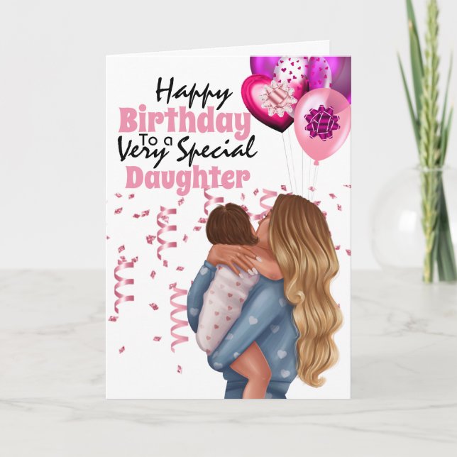 Daughter mother child illustration balloons modern card (Front)