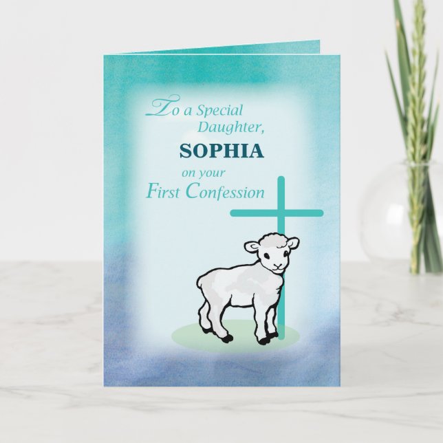 Daughter Personalise Name First Confession Lamb Card (Front)