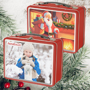 Daughter Photo Santa Delivering Presents Kids Metal Lunch Box