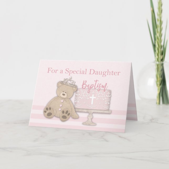 Daughter Pink Baptism Cake Teddy Bear and Tiara Card (Front)
