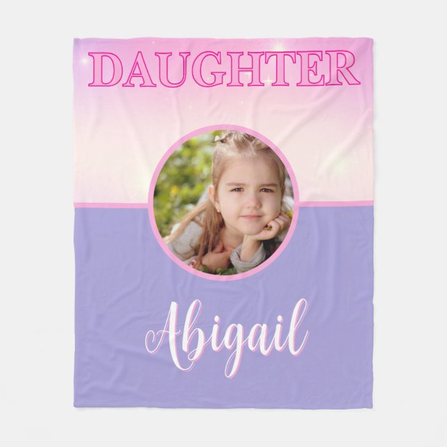 Daughter Pink & Lilac Purple Custom Photo and Name Fleece Blanket (Front)