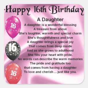 Daughter Poem  16th Birthday Square Sticker