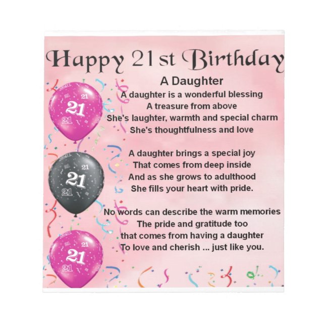 Daughter Poem 21st Birthday Notepad (Front)