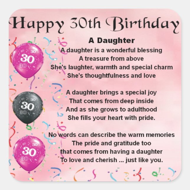 Daughter Poem  30th Birthday Square Sticker (Front)