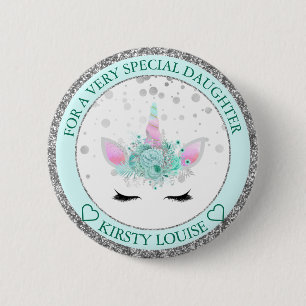 Daughter Pretty Mint & Silver Floral Unicorn Face 6 Cm Round Badge