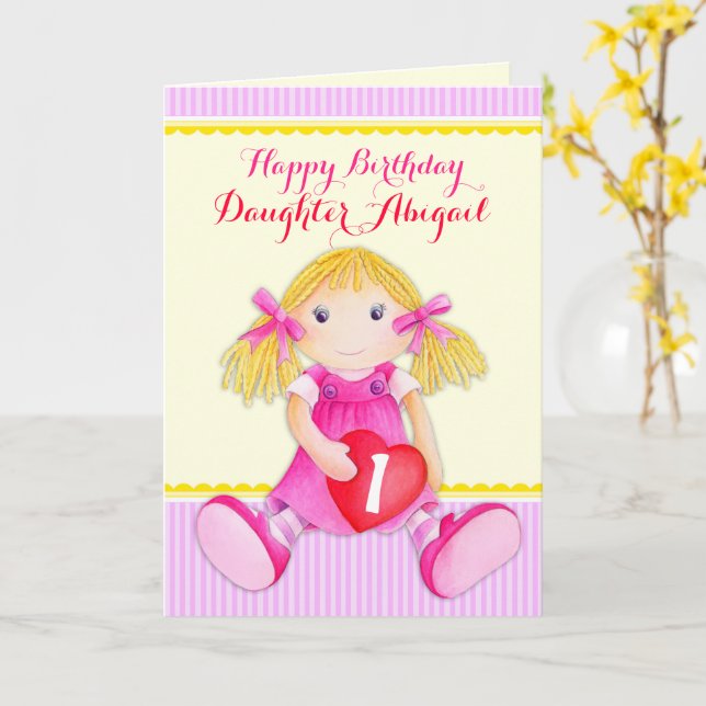 Daughter rag doll first birthday card (Yellow Flower)