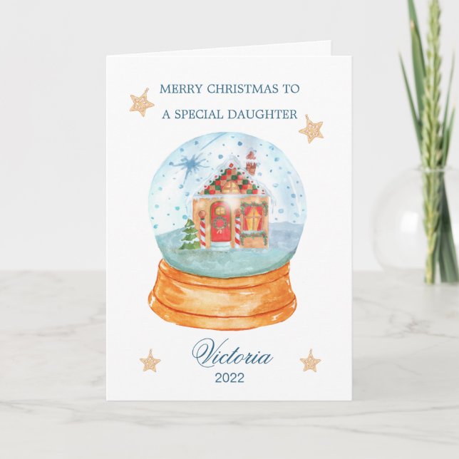 Daughter Snow Globe Gingerbread House Christmas  Holiday Card (Front)