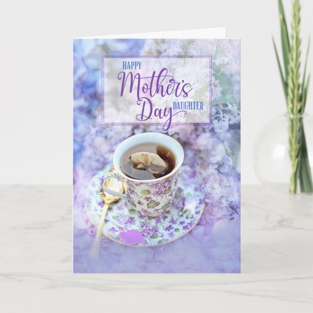 Daughter Teacup and Purple Flowers Mother's Day Holiday Card (Front)