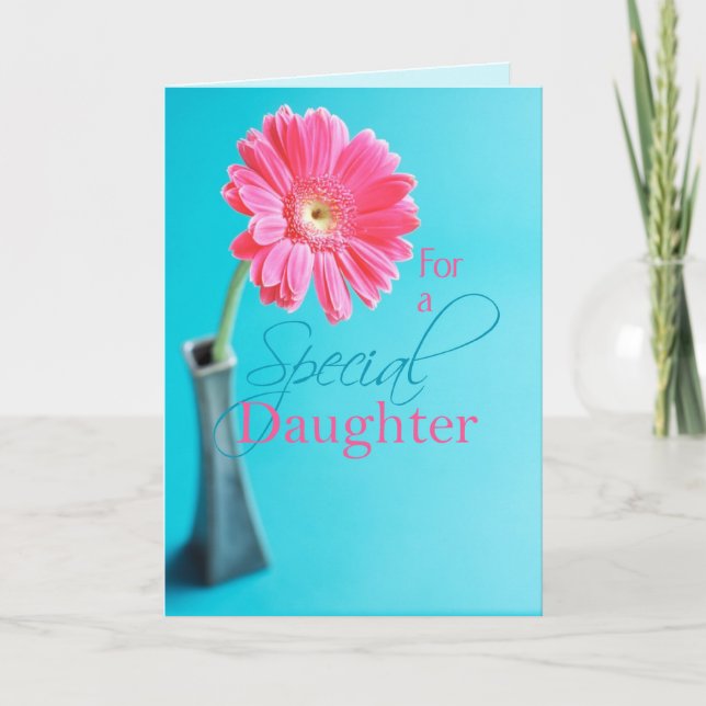 Daughter  Valentine's Day Pink Daisy Blue Holiday Card (Front)