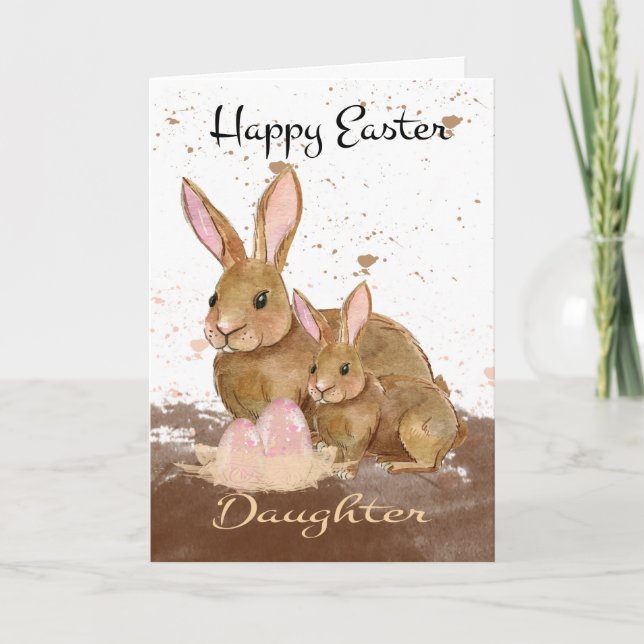 Daughter, Watercolor Bunny Rabbits and Easter Eggs Holiday Card (Front)