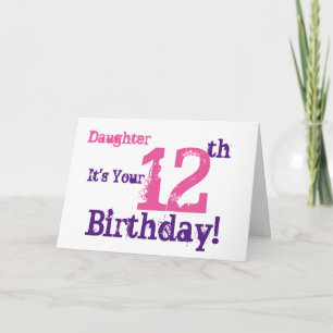Daughter's 12th birthday greeting in purple, pink. card