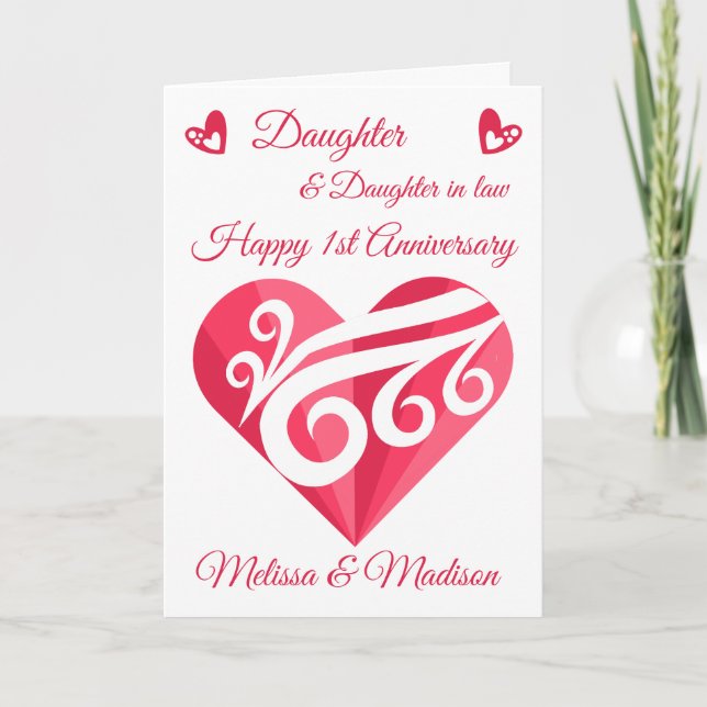 Daughters 1st Wedding Anniversary Pink Heart  Card (Front)