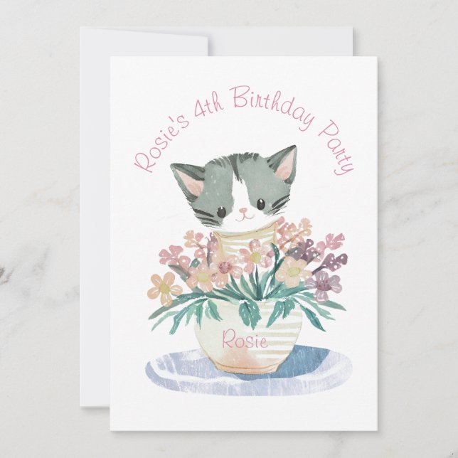 Daughters Birthday Cute Kitten Name And Photo Invitation (Front)