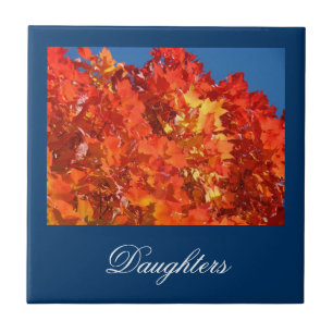 Daughters gifts Tile Art Orange Fall Leaves Blue