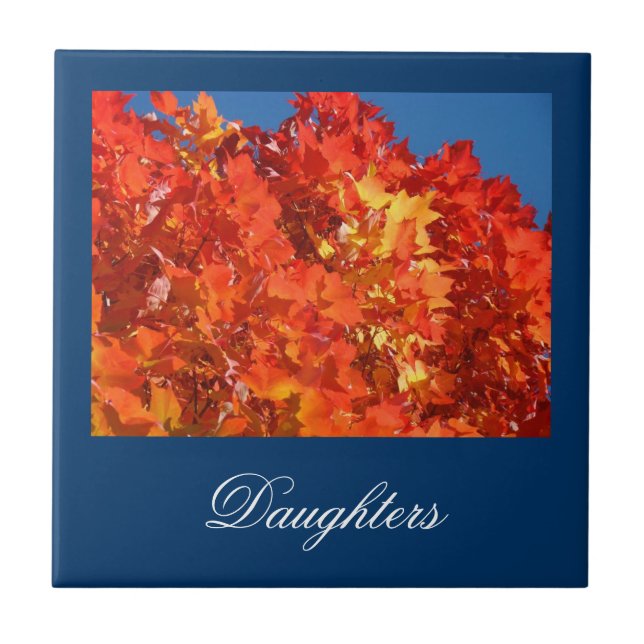 Daughters gifts Tile Art Orange Fall Leaves Blue (Front)