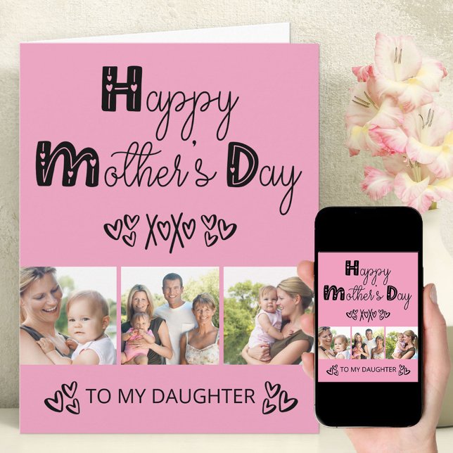 Daughters Mothers Day Pink Doodle Typography Card (Creator Uploaded)