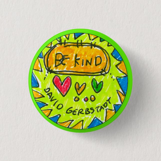 david gerbstadt, be kind, button, 3 hearts, cm round badge (Front)