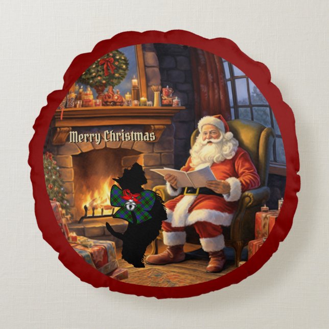 Davidson Scottie Dog & Santa Personalised Xmas Round Cushion (Front)