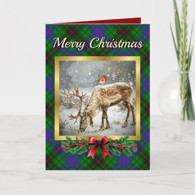 Davidson Stag & Robin Tartan Personalized  Holiday Card (Front)