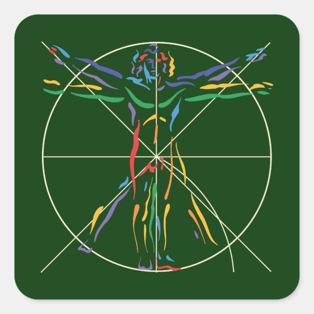 DaVinci Anatomy Man in Chakra Colours Square Sticker (Front)