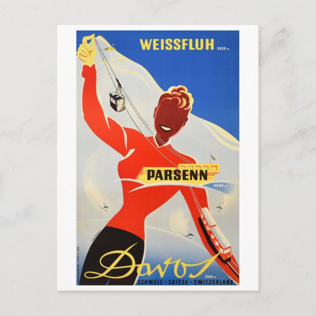 Davos Parsenn, Girl Shows Cable Carand Ski Lift Postcard (Front)