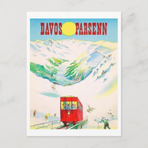 Davos Parsenn railway, red train, vintage travel Postcard