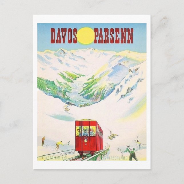 Davos Parsenn railway, red train, vintage travel Postcard (Front)