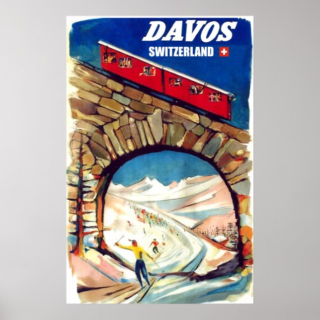 Davos, red cable car on the bridge, Switzerland Poster (Front)