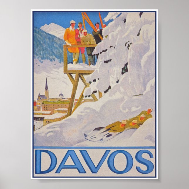 Davos Switzerland Sled Vintage Ski Travel Poster (Front)