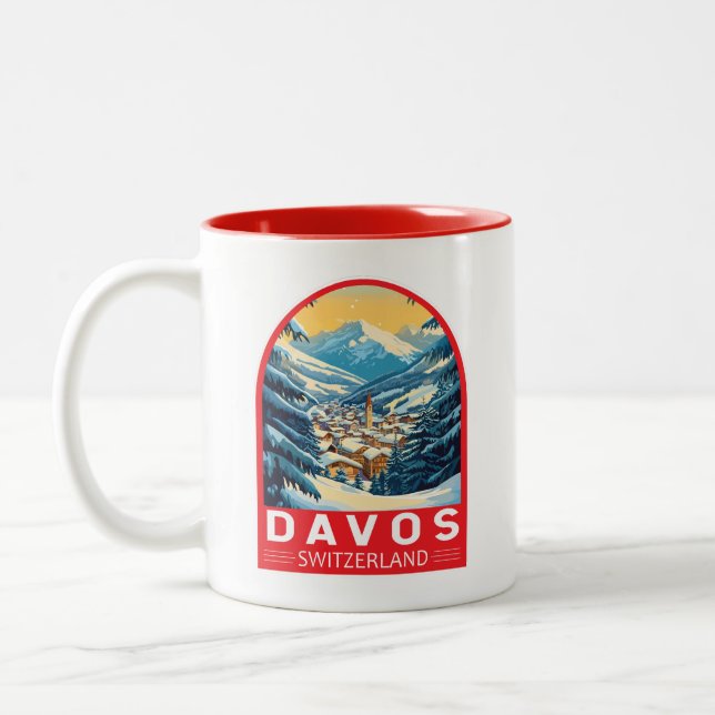 Davos Switzerland Travel Art Emblem Two-Tone Coffee Mug (Left)