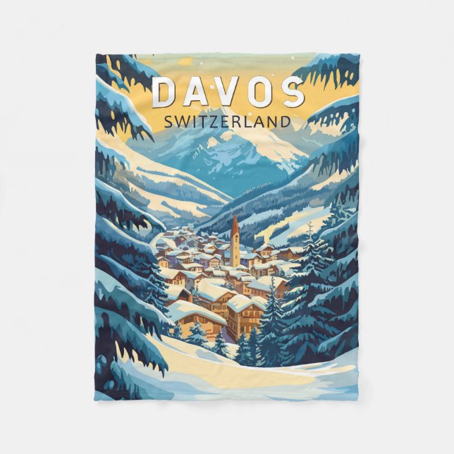 Davos Switzerland Travel Art Vintage Fleece Blanket (Front)