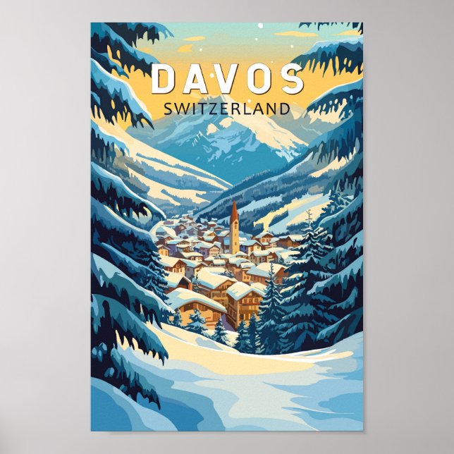 Davos Switzerland Travel Art Vintage Poster (Front)