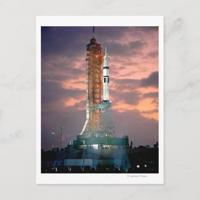 Dawn breaks behind ASTP Saturn IB CDDT Postcard (Front)