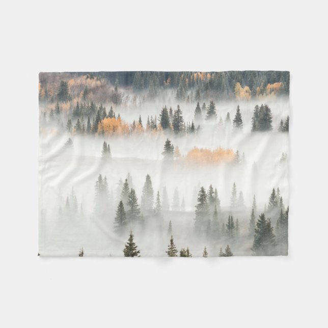 Dawn Ground Fog Covers Mountain Forest Fleece Blanket (Front (Horizontal))