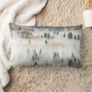 Dawn Ground Fog Covers Mountain Forest Lumbar Cushion