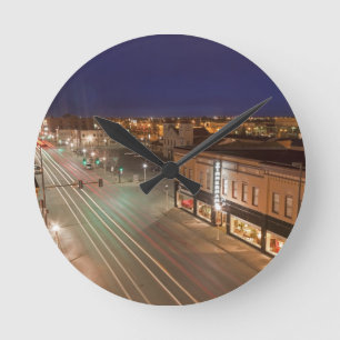 Dawn on Main Street of Bismarck, North Dakota Round Clock