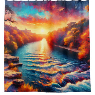 "Dawn’s Tranquil Embrace: Comal River Sunrise" Shower Curtain