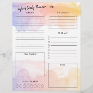 Dawn Watercolor Ombre Daily Planner Sheet Custom Letterhead
