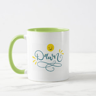 Dawn with face, hand lettered mug