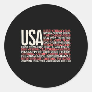 Day 4th July Usa Flag America State Map Names Classic Round Sticker