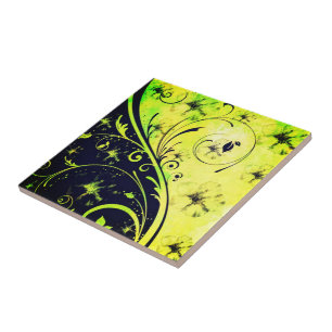 Day and Night Yellow Green Floral Ceramic Tile Art