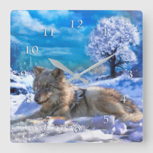 DAY AT SNOW BEACH GREY WOLF SQUARE WALL CLOCK