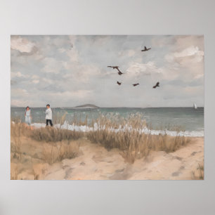 Day at the beach - vintage art - oil painting  poster