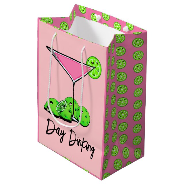 Day Dinking Cosmo Pink Cocktail, Pickleball Limes Medium Gift Bag (Front Angled)