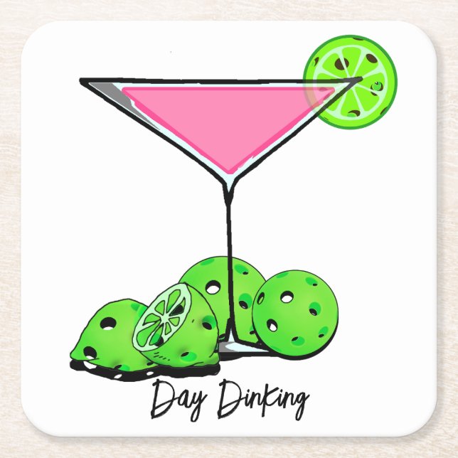 Day Dinking Cosmo Pink Cocktail, Pickleball Limes Square Paper Coaster (Front)