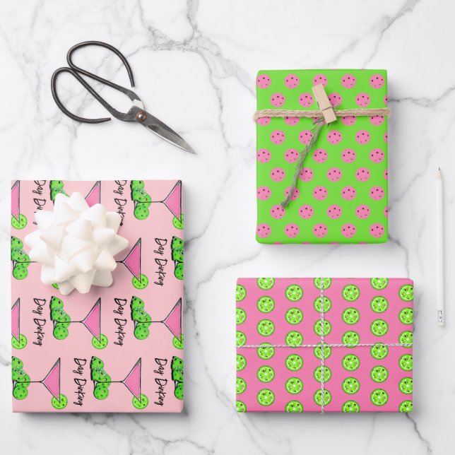 Day Dinking Cosmo Pink Cocktail, Pickleball Limes Wrapping Paper Sheet (Front)