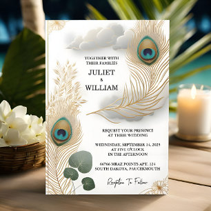 Day Feather Rustic Asian Sky Cloud Peacock Wedding Invitation